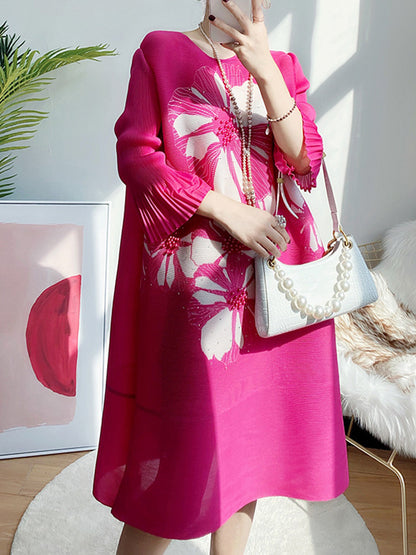 xakxx Flared Sleeves Loose Floral Printed Round-Neck Midi Dresses