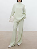xakxx xakxx-Solid Color Long Sleeves High-Neck Sweater Top + Wide Leg Pants Bottom Two Pieces Set