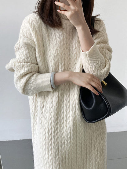 xakxx Stylish Loose Long Sleeves Solid Color High-Neck Twist Sweater Dresses
