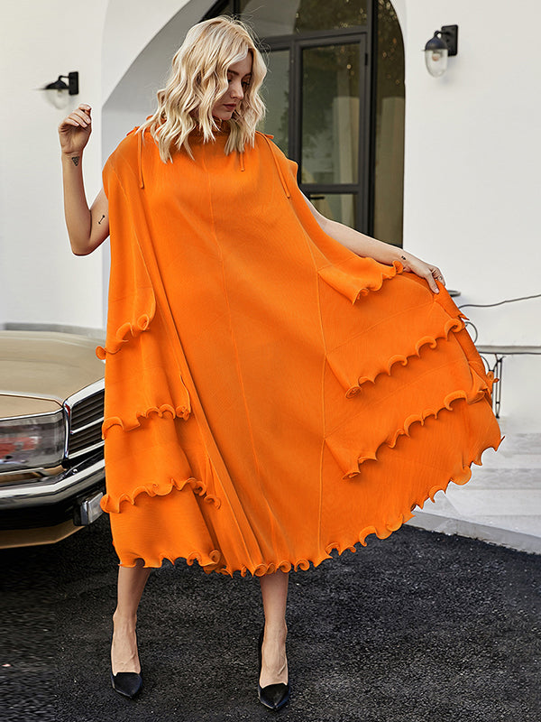 xakxx Loose Bandage Lacy Solid Color High-Neck Midi Dresses