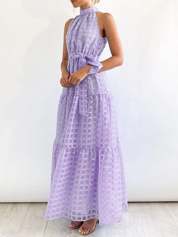 xakxx Loose Sleeveless Plaid Ribbed Stand Collar Maxi Dresses
