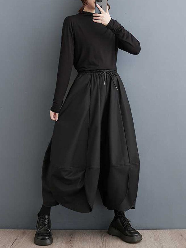 xakxx High Waisted Loose Drawstring Pleated Solid Color Pants Trousers