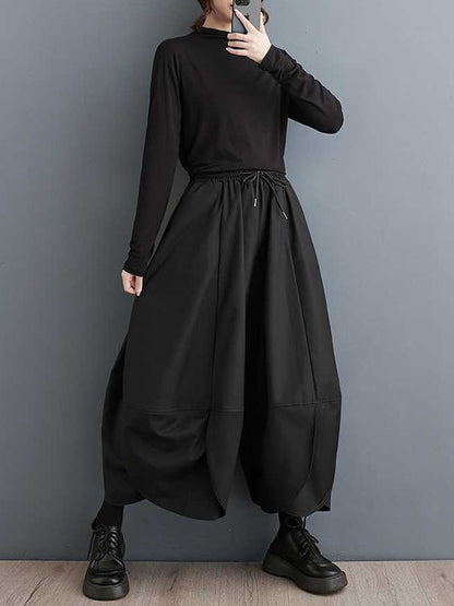 xakxx High Waisted Loose Drawstring Pleated Solid Color Pants Trousers