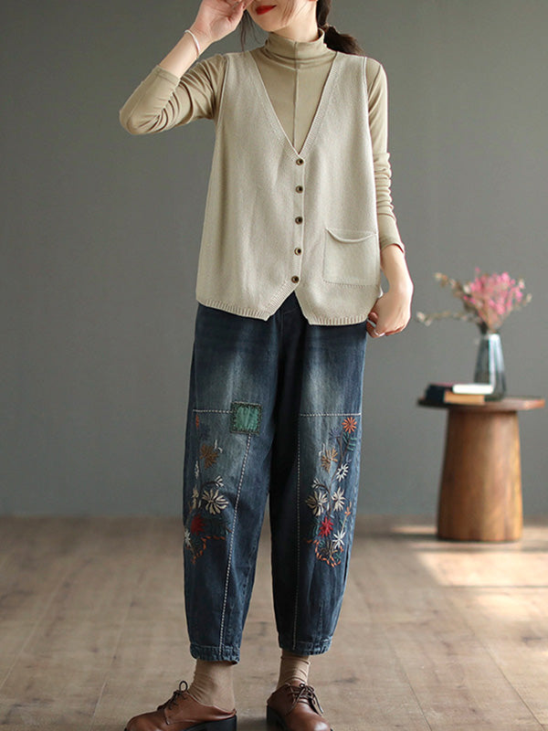 xakxx Vintage Loose Embroidered Elasticity Harem Jean Pants Bottoms