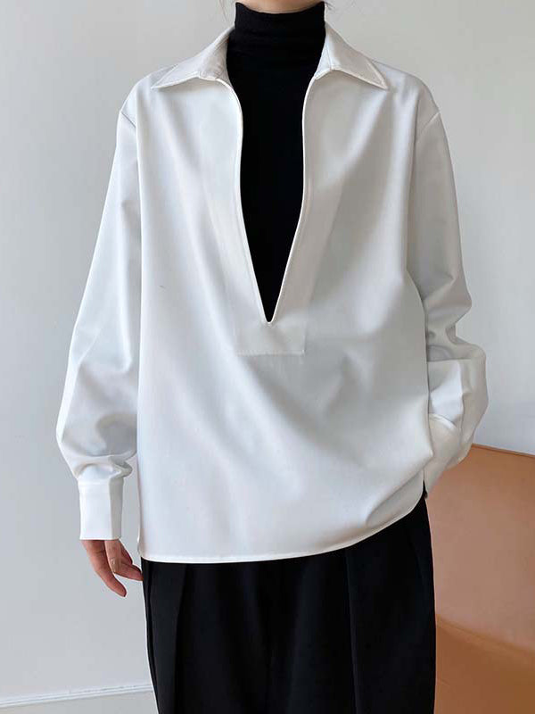 xakxx Long Sleeves Loose Solid Color Lapel Blouses