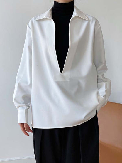 xakxx Long Sleeves Loose Solid Color Lapel Blouses