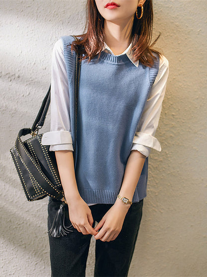 xakxx Casual Sleeveless Loose Solid Color Round-Neck Knitting Vest Outerwear