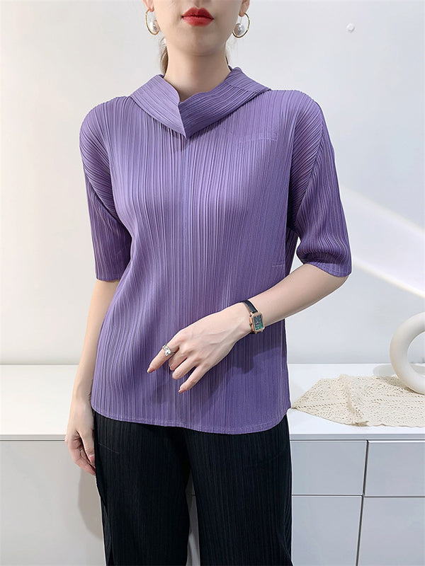 xakxx Half Sleeves Hooded Pleated Solid Color Mock Neck T-Shirts Tops