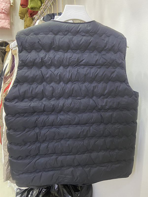 xakxx Loose Sleeveless Buttoned Quilted Solid Color Round-Neck Padded Vest