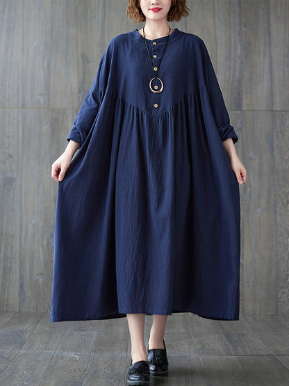 xakxx Loose Puff Sleeves Pleated Solid Color Stand Collar Midi Dresses