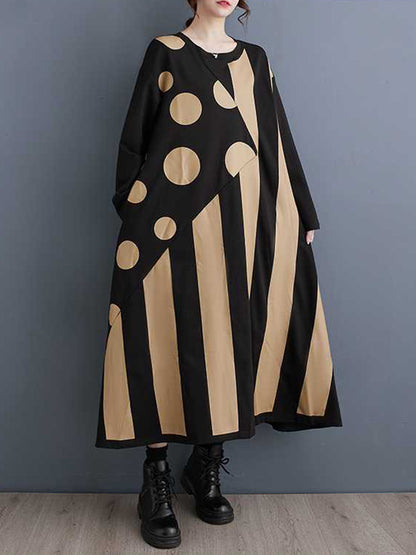 xakxx A-Line Long Sleeves Asymmetric Polka-Dot Split-Joint Striped Round-Neck Midi Dresses
