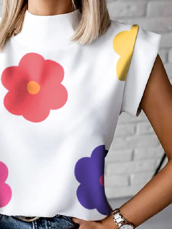 xakxx Cap Sleeve Floral Printed High-Neck T-Shirts Tops
