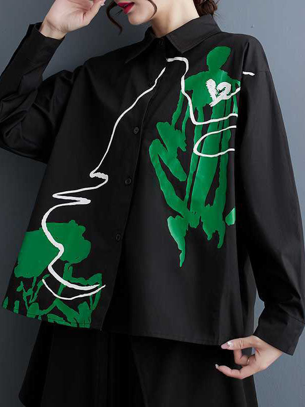 xakxx High-Low Long Sleeves Buttoned Printed Lapel Blouses&Shirts Tops