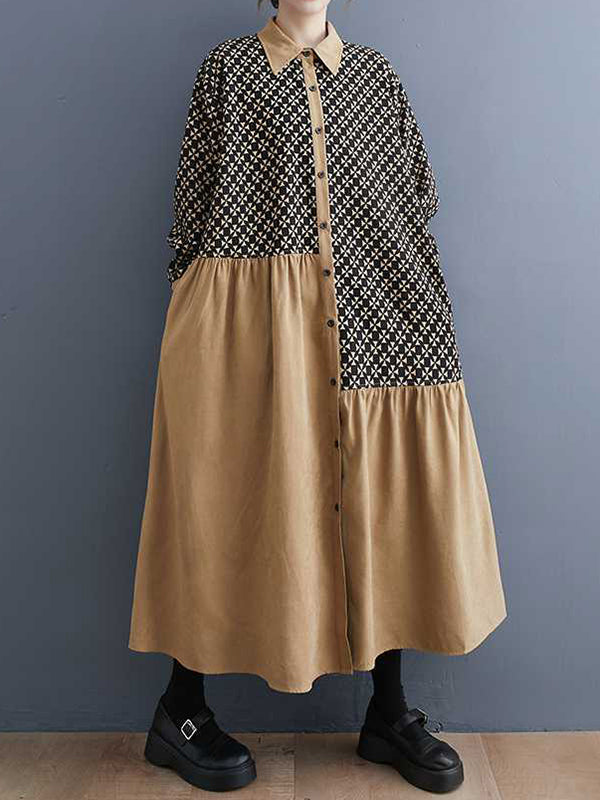 xakxx A-Line Long Sleeves Asymmetric Buttoned Pleated Printed Split-Joint Lapel Midi Dresses