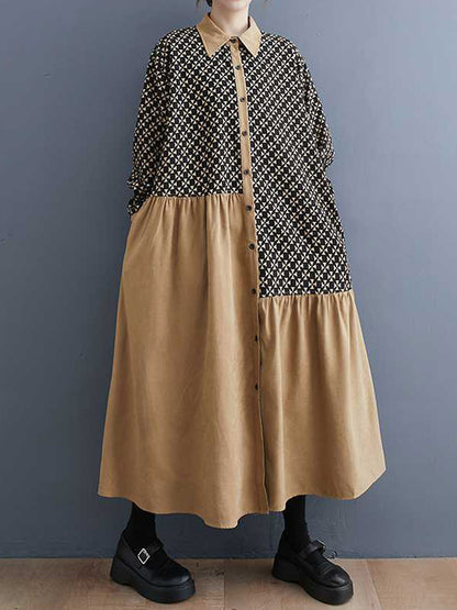 xakxx A-Line Long Sleeves Asymmetric Buttoned Pleated Printed Split-Joint Lapel Midi Dresses