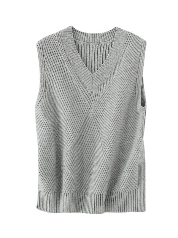 xakxx Casual Sleeveless Loose Solid Color V-Neck Vest Outerwear