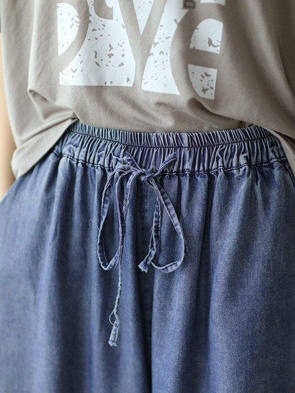 xakxx High Waisted Ninth Pants Drawstring Elasticity Pockets Wide Leg Jean Pants