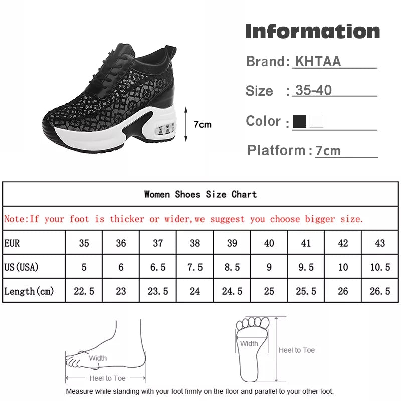 Women White Shoes Breathable Mesh Chunky Platform Sneakers Summer Ladies Lace Floral Hollow Out Wedge Heels Casual Footwear