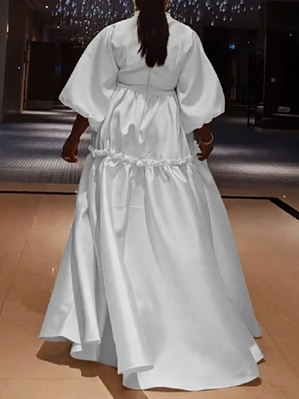 xakxx High Waisted Puff Sleeves Falbala Solid Color V-Neck Maxi Dresses