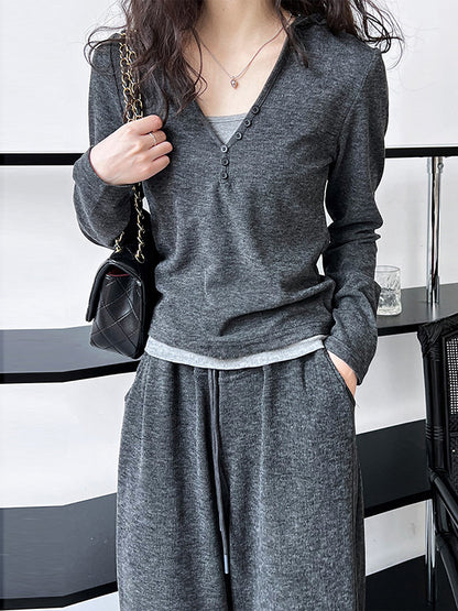xakxx Long Sleeves Buttoned Hooded  T-Shirts Top + Vest Top + Wide Leg Drawstring Elasticity Pants Bottom Three Pieces Set