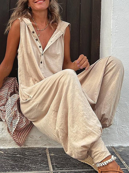 xakxx Loose Sleeveless Buttoned V-Neck Jumpsuits