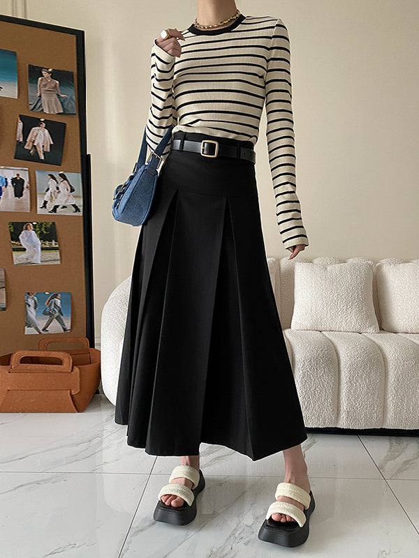 xakxx A-Line High Waisted Pleated Solid Color Split-Joint Skirts Bottoms