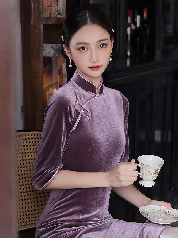 xakxx Vintage Beaded False Two Half Sleeves Long Cheongsams