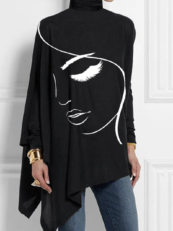 xakxx Casual Loose Long Sleeves Figure Printed Asymmetric High-Neck T-Shirts Tops