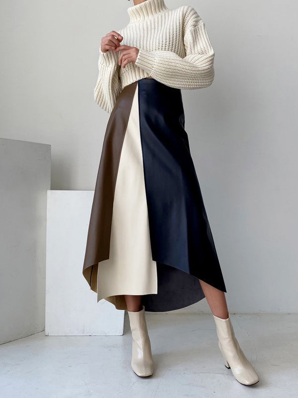 xakxx A-Line High Waisted Asymmetric Contrast Color Split-Front Skirts Bottoms