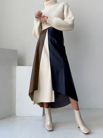xakxx A-Line High Waisted Asymmetric Contrast Color Split-Front Skirts Bottoms