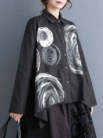 xakxx Long Sleeves Loose Asymmetric Printed Split-Joint Lapel Blouses