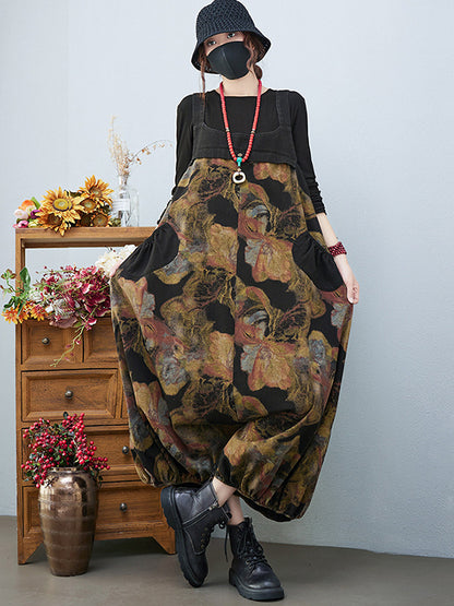 xakxx Artistic Retro Vintage Loose Floral Printed Square-Neck Sleeveless Overalls