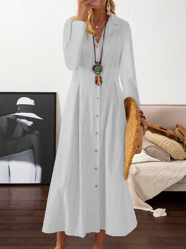xakxx Long Sleeves Loose Pleated Lapel Midi Dresses Shirt Dress