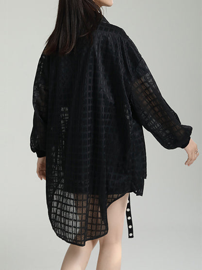 xakxx High-Low Long Sleeves Gauze See-Through Round-Neck Blouses&Shirts Tops