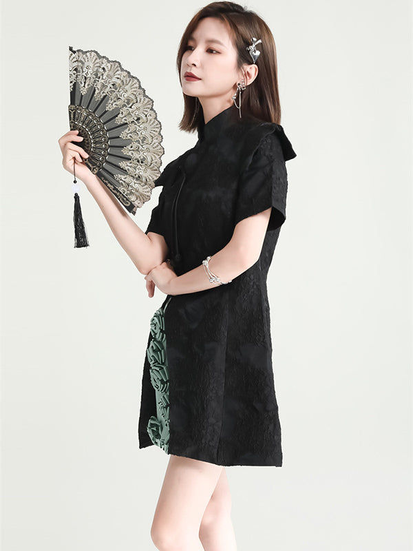 xakxx Vintage Contrast Color Applique Embroidered Short Cheongsams Mini Dress