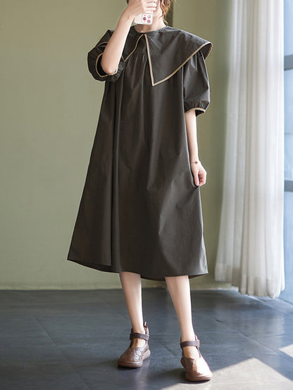 xakxx Loose Short Sleeves Pleated Split-Joint Peter Pan Collar Midi Dresses