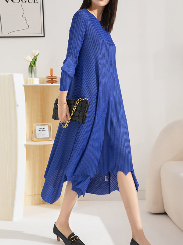 xakxx Irregular Clipping Loose Pleated Solid Color Round-Neck Midi Dresses
