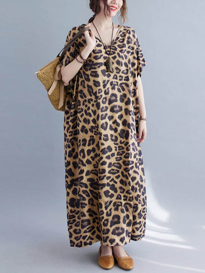 xakxx Loose Leopard V-Neck Batwing Sleeves Maxi Dress
