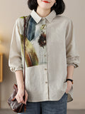 xakxx Long Sleeves Loose Contrast Color Feathers Printed Lapel Blouses