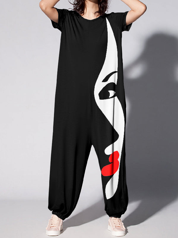xakxx Loose Short Sleeves Figure Printed Round-Neck Jumpsuits