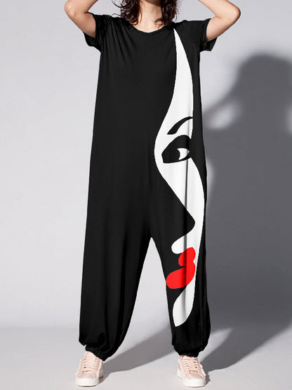 xakxx Loose Short Sleeves Figure Printed Round-Neck Jumpsuits