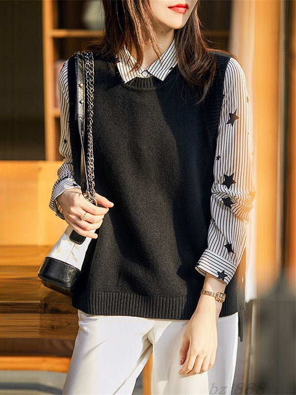 xakxx Casual Sleeveless Loose Solid Color Round-Neck Knitting Vest Outerwear
