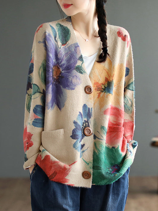 xakxx Vintage Long Sleeves Loose Buttoned Floral Printed Contrast Color V-Neck Cardigan Tops