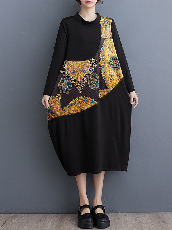 xakxx Long Sleeves Loose Asymmetric Printed Split-Joint Round-Neck Midi Dresses