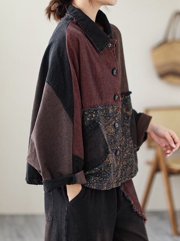 xakxx Contrast Color Fringed Split-Joint Long Sleeves Printed Outwear + Harem Pants  Two Pieces Set