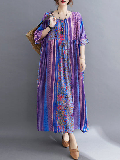 xakxx Vintage Side Pocket Striped Floral Printed Midi Dress