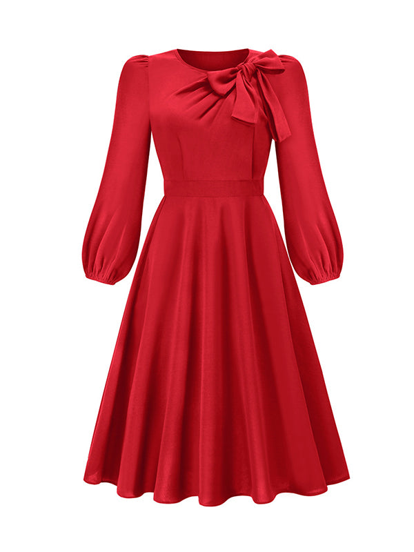 xakxx A-Line Long Sleeves Asymmetric Bowknot Elasticity Solid Color Round-Neck Midi Dresses