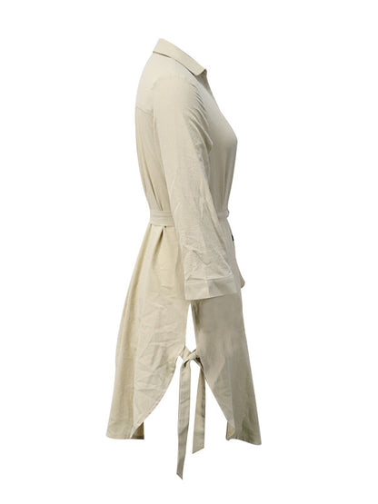 xakxx High Waisted Long Sleeves Buttoned Solid Color Split-Side Tied Waist V-Neck Mini Dresses
