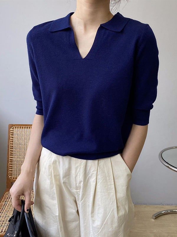 xakxx 7 Colors Urban Solid Color Half Sleeves Knitting Shirt Top