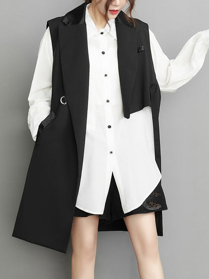 xakxx Sleeveless Asymmetric Pockets Tied Notched Collar Vest Outerwear